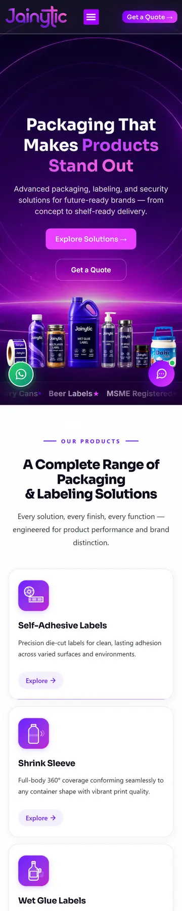 Jainytic Packaging website on mobile