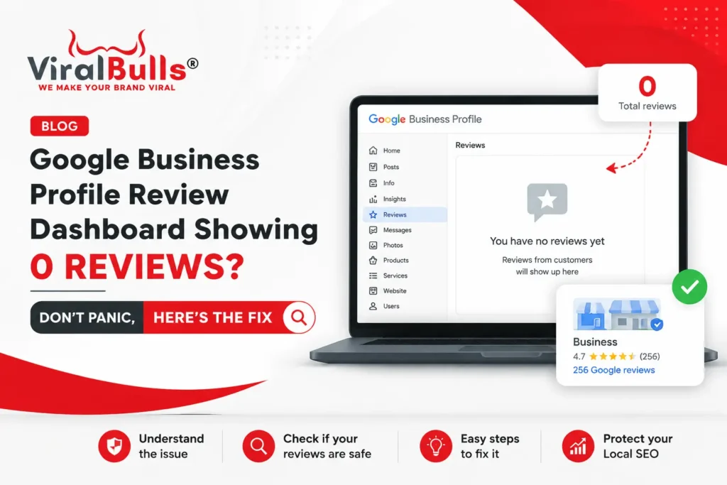 ViralBulls blog banner showing a Google Business Profile review dashboard with 0 reviews, explaining review visibility issues and local SEO solutions for businesses.