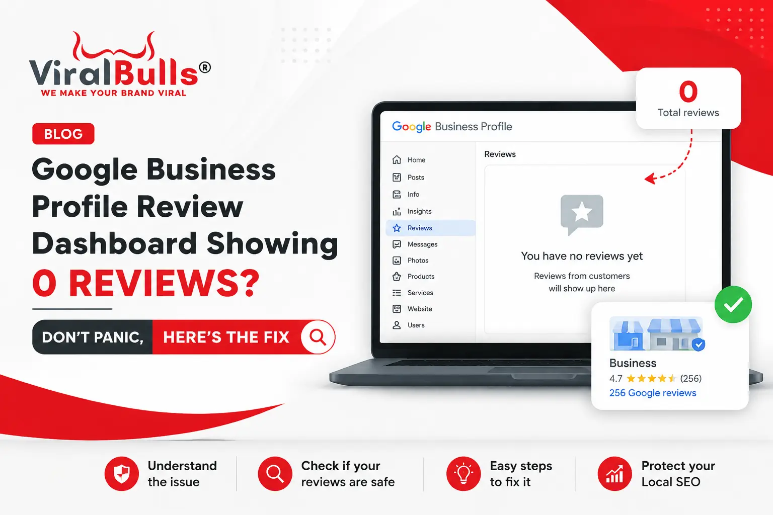 ViralBulls blog banner showing a Google Business Profile review dashboard with 0 reviews, explaining review visibility issues and local SEO solutions for businesses.